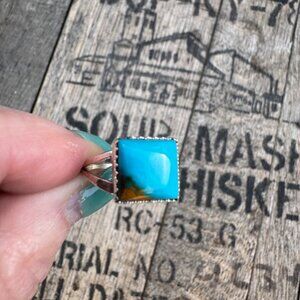 Size 7 Feminine Square Turquoise Ring • Sterling Silver • Navajo Made (New Mexic